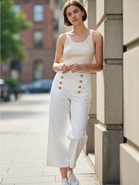 ZARA Sailor Pants White High-Waisted Wide Leg Nautical Trousers